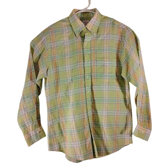 Brooks Brothers Vintage shirt mens M Medium green plaid pastel made in USA long - Picture 1 of 7